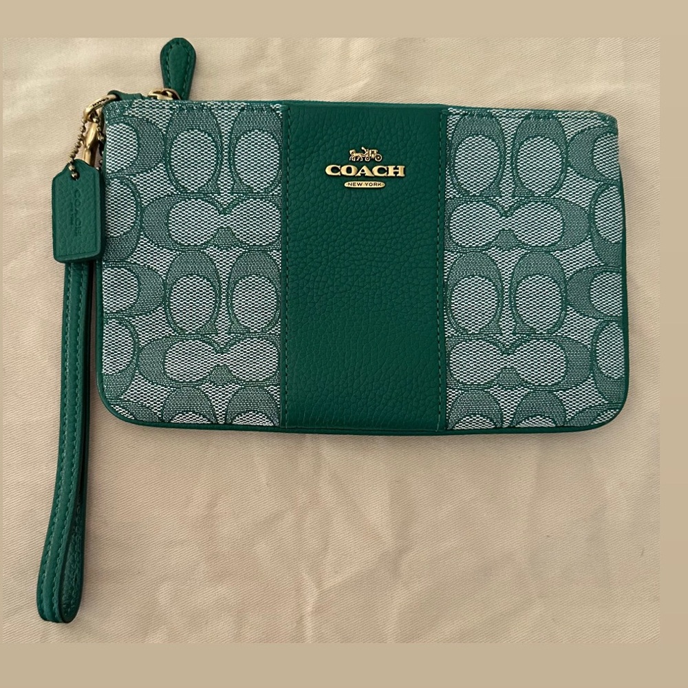 Coach Green Signature Jacquard Wristlet